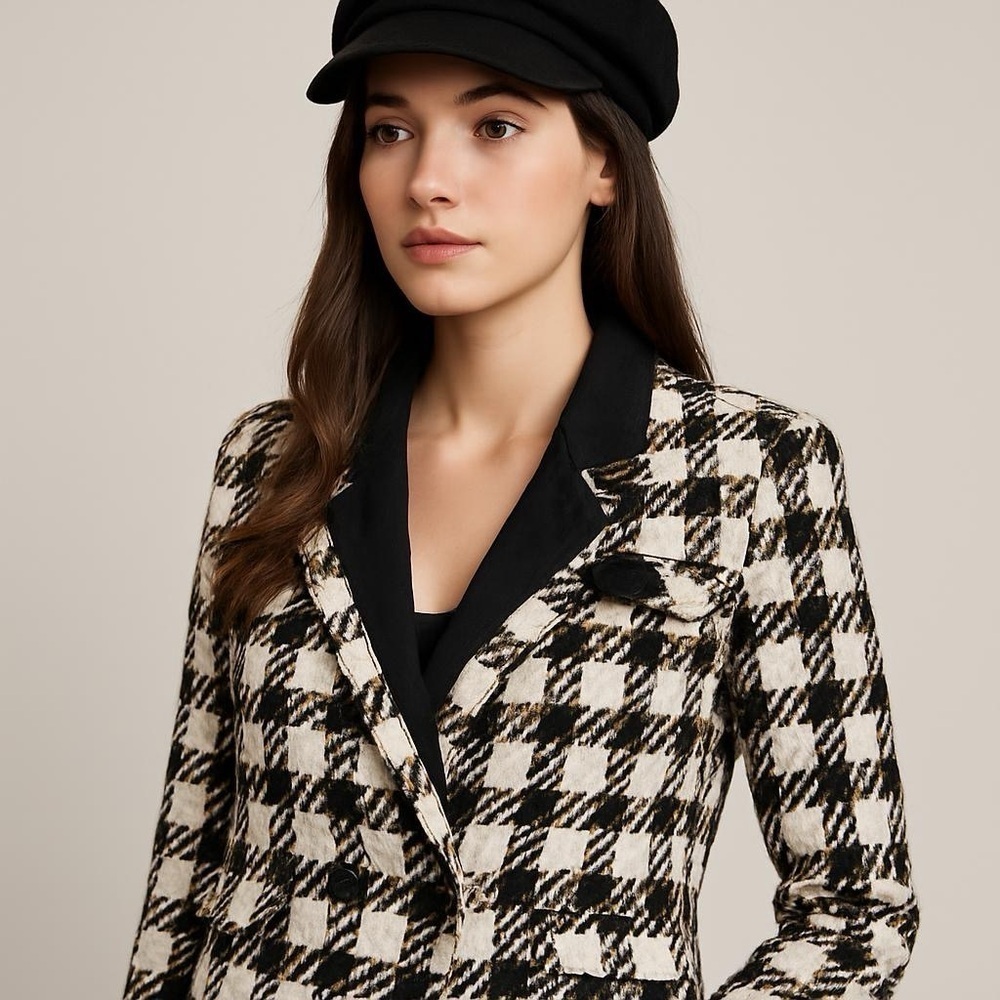 Vintage 80s 100% Silk Houndstooth Blazer Jacket, Size 10